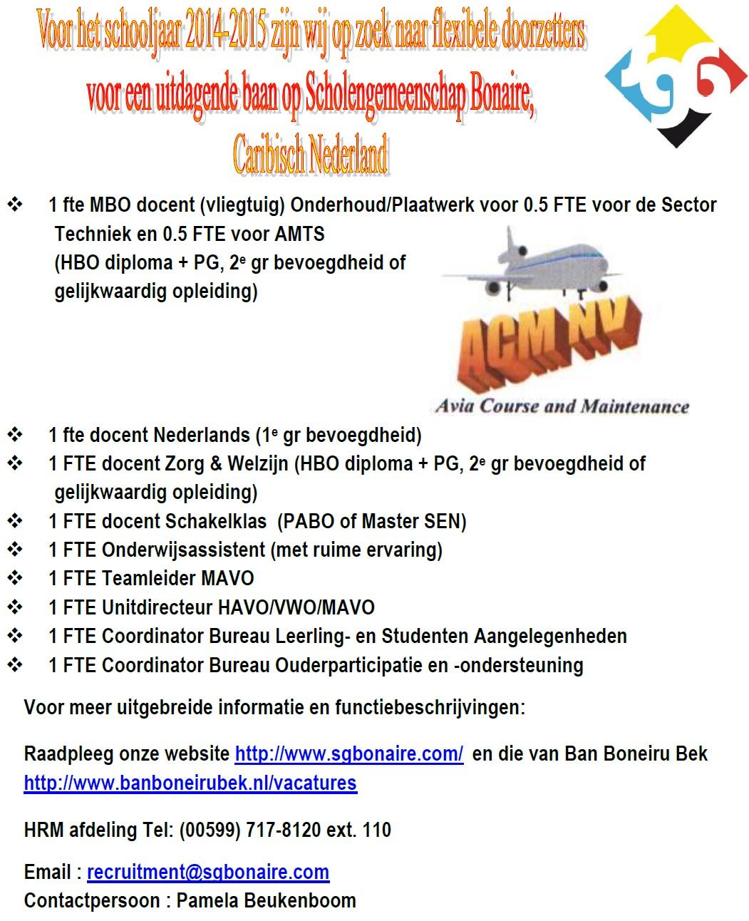ban boneiru bek vacatures on Verschillende Vacatures Bij Scholengemeenschap Bonaire Sgb Caribisch Nederland