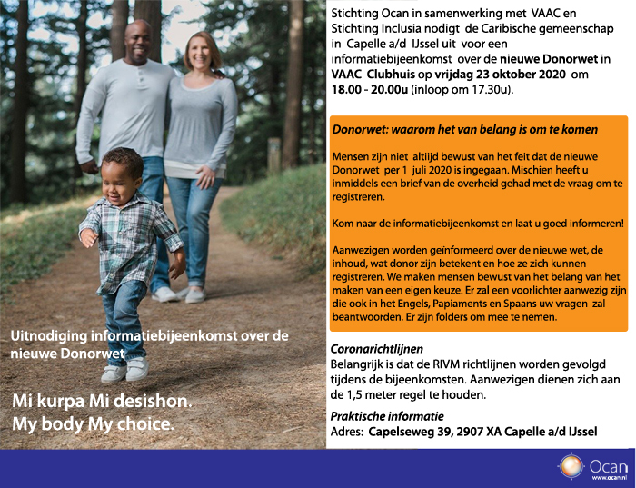 Uitnodiging informatiebijeenkomst Capelle aan den IJssel 23 oktober 2020 WEB Donorregister Ocan Caribisch