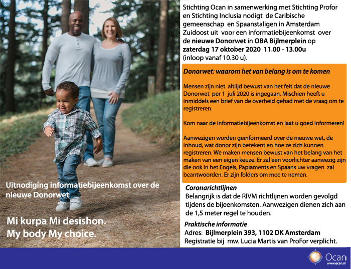Uitnodiging informatiebijeenkomst Donorwet Amsterdam Zuidoost 17 okt 2020 WEB 2 Ocan Caribisch ProFor Donorregister