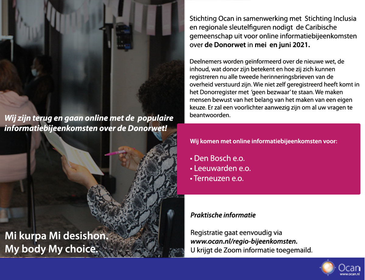 Uitnodiging informatiebijeenkomst Donorwet Donorregister ONLINE mei juni 2021 Ocan Caribisch orgaandonatie