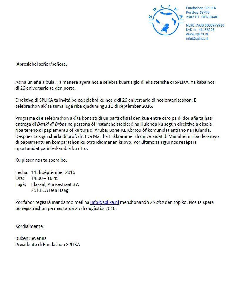 Uitnodiging 26 jaar Fundashon SPLIKA PAP edit Ocan