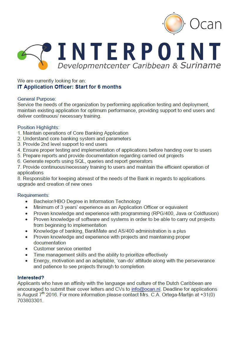 Vacancy IT Application Officer Interpoint Aruba EDIT Ocan
